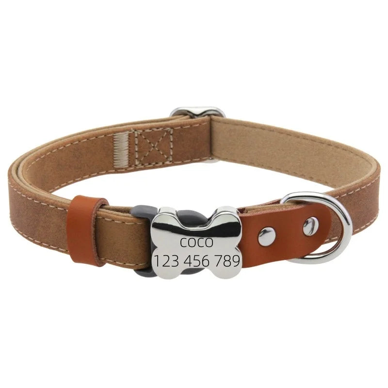 Personalized Leather Dog Collar with a Custom Engraved Bone Metal Tag