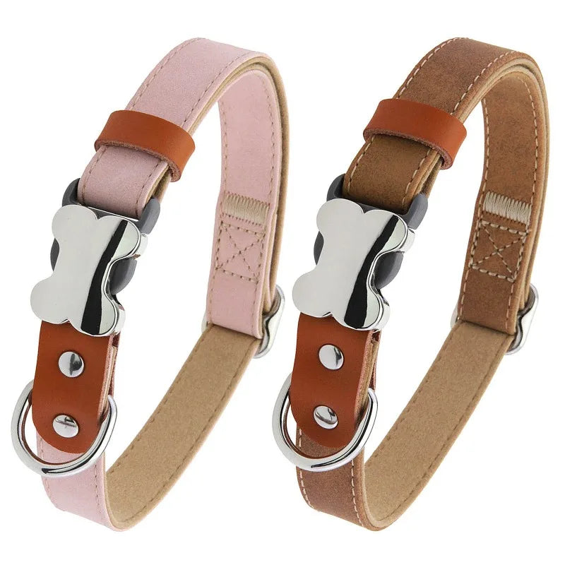 Personalized Leather Dog Collar with a Custom Engraved Bone Metal Tag