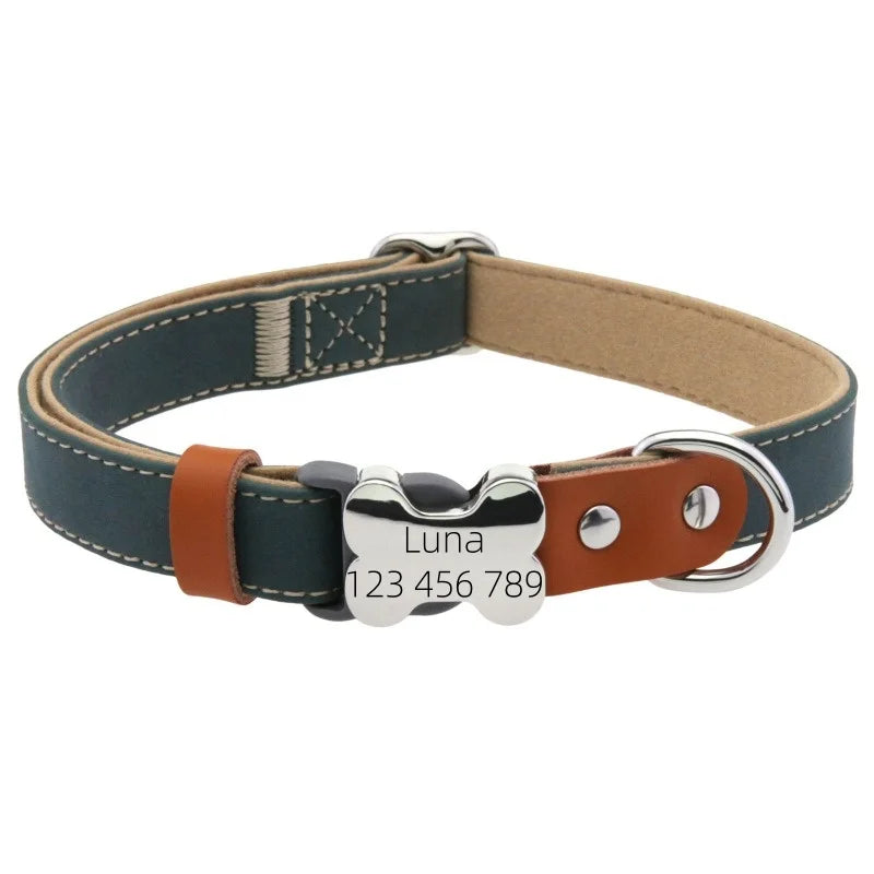 Personalized Leather Dog Collar with a Custom Engraved Bone Metal Tag