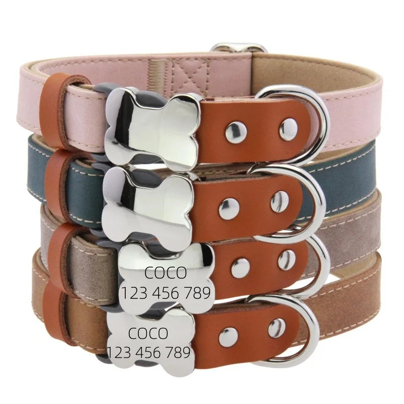 Personalized Leather Dog Collar with a Custom Engraved Bone Metal Tag