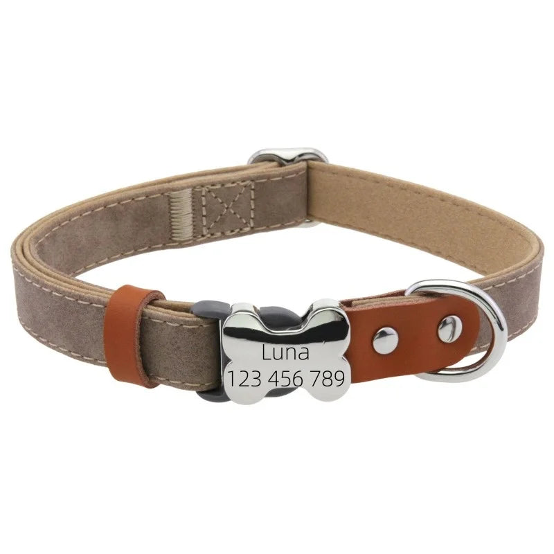 Personalized Leather Dog Collar with a Custom Engraved Bone Metal Tag