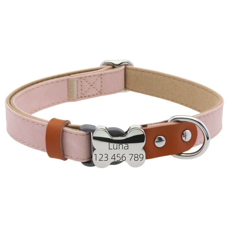 Personalized Leather Dog Collar with a Custom Engraved Bone Metal Tag