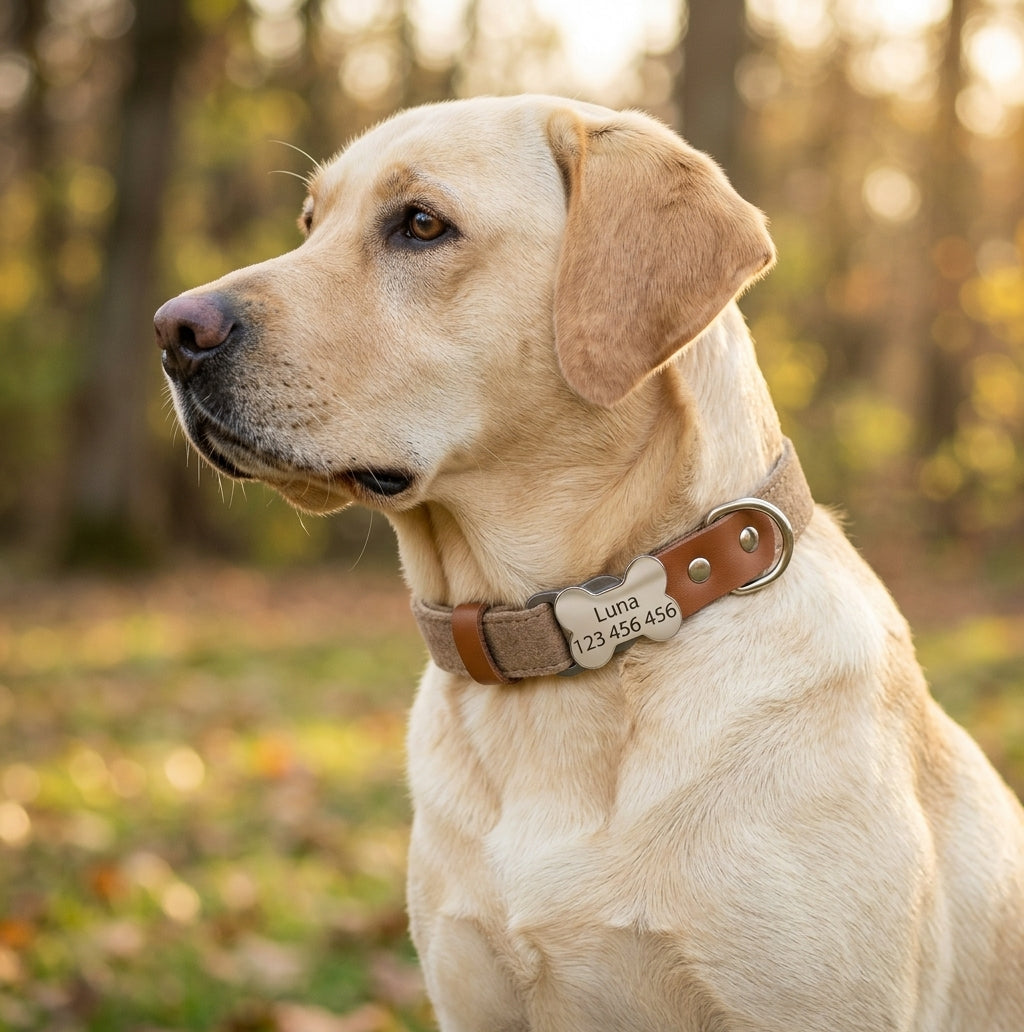 Personalized Leather Dog Collar with a Custom Engraved Bone Metal Tag