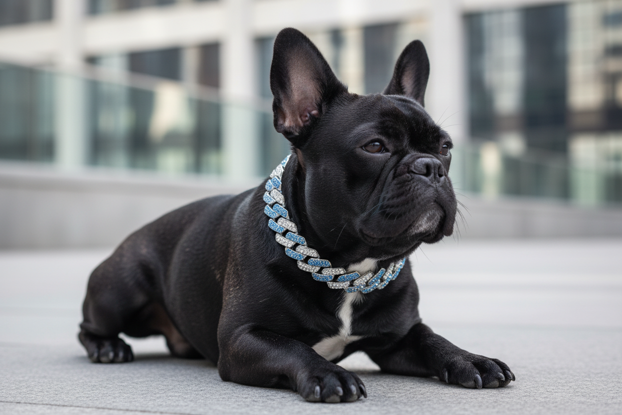 French Bulldog wearing Arctic Glitz pink and silver