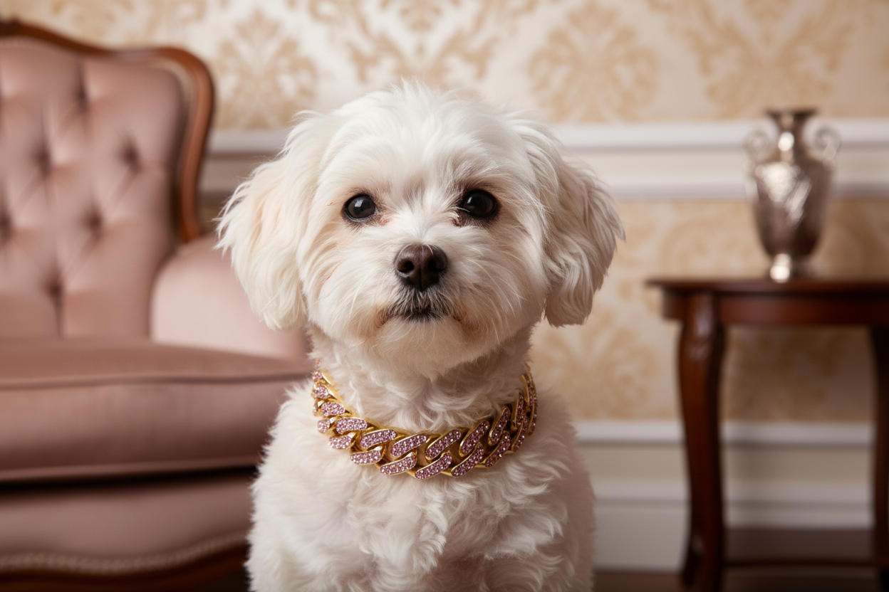 Maltese wearing Arctic Glitz in gold and pink